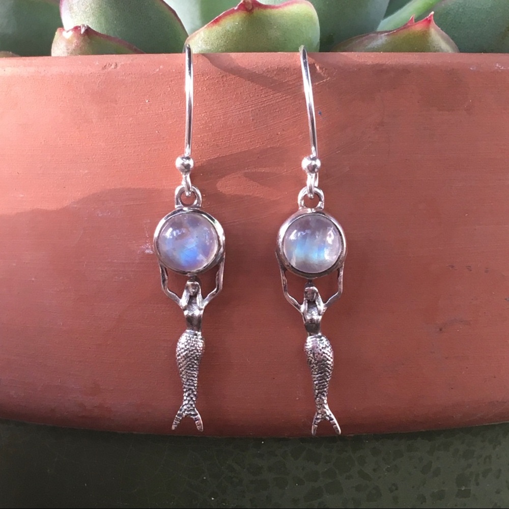 RAINBOW MOONSTONE Mermaid sterling silver earrings